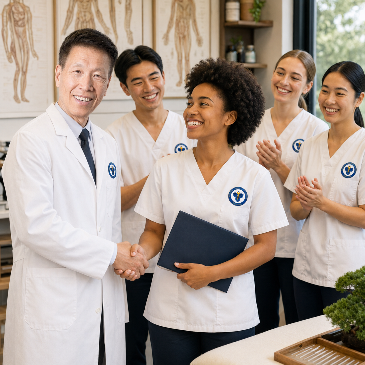 Dr. Wang welcoming a UEWM student during an acupuncture internship and mentorship program