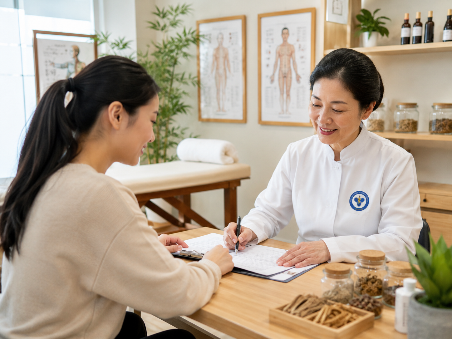 UEWM practitioner helping a patient complete an affordable acupuncture clinic intake consultation