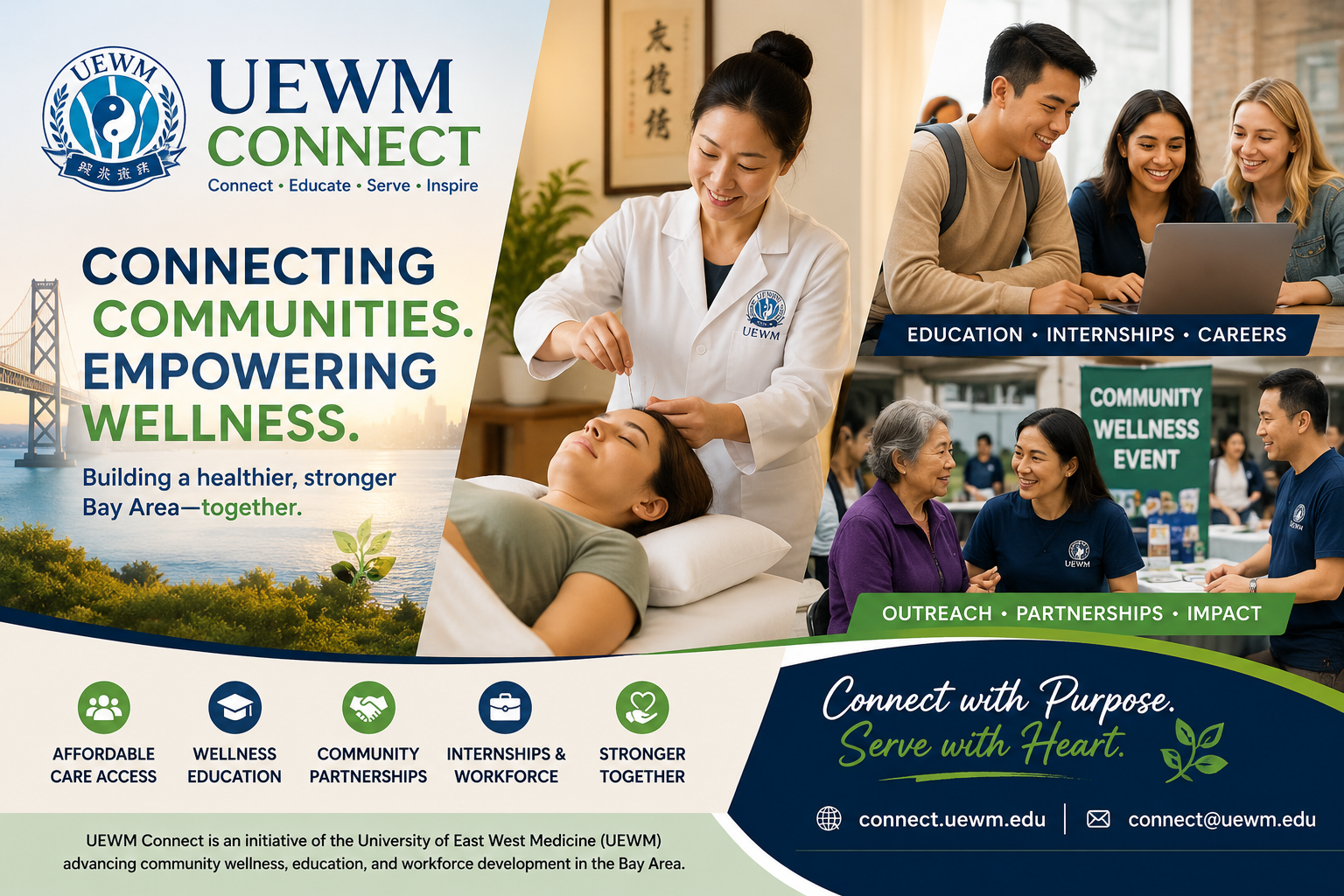UEWM Connect supports community wellness, acupuncture access, internships, partnerships, and workforce development in the Bay Area.