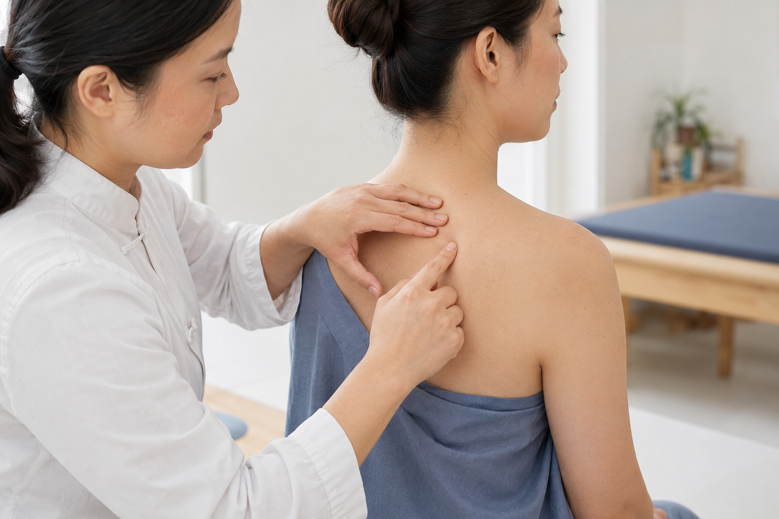 Practitioner identifying an Ashi tender point on a patient’s shoulder